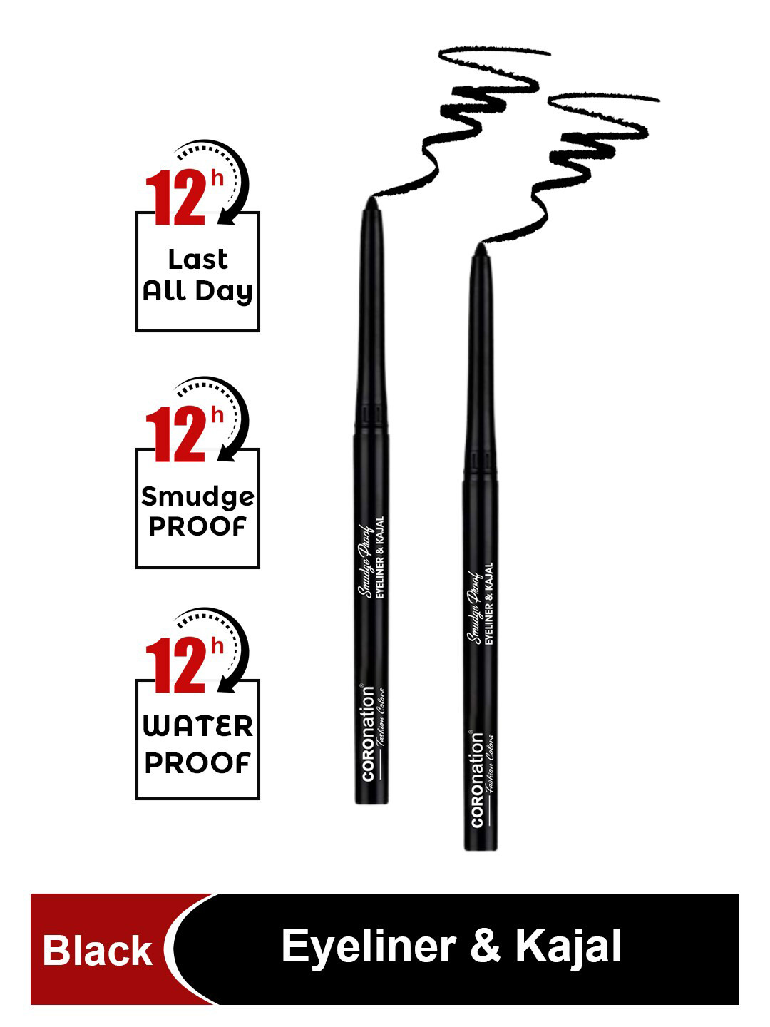 COROnation Herbal Fashion Colours Set of 2 Smudge & Waterproof Eyeliner & Kajal - Black