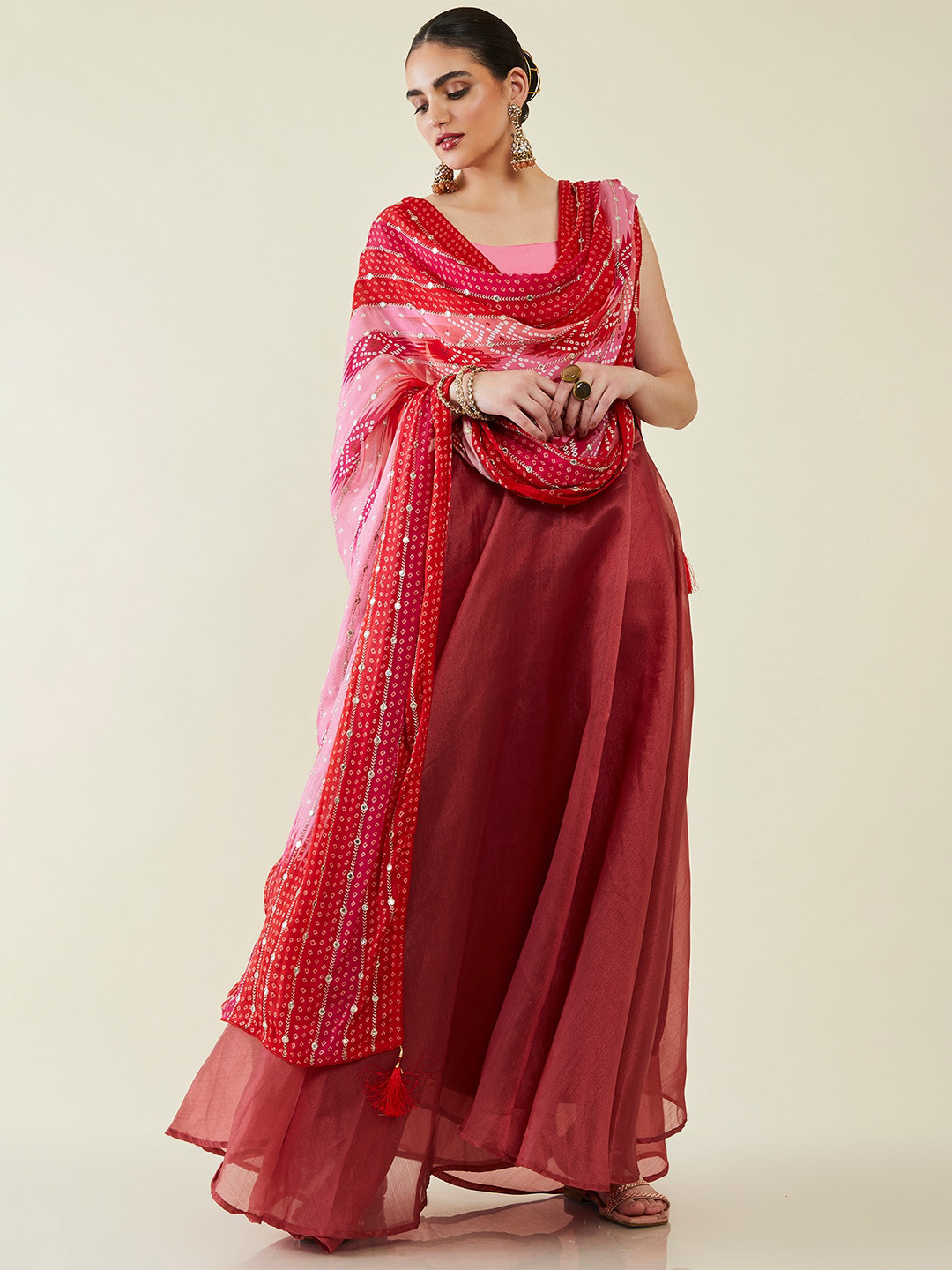 Soch Printed Viscose Rayon Bandhani Dupatta with Beads and Stones