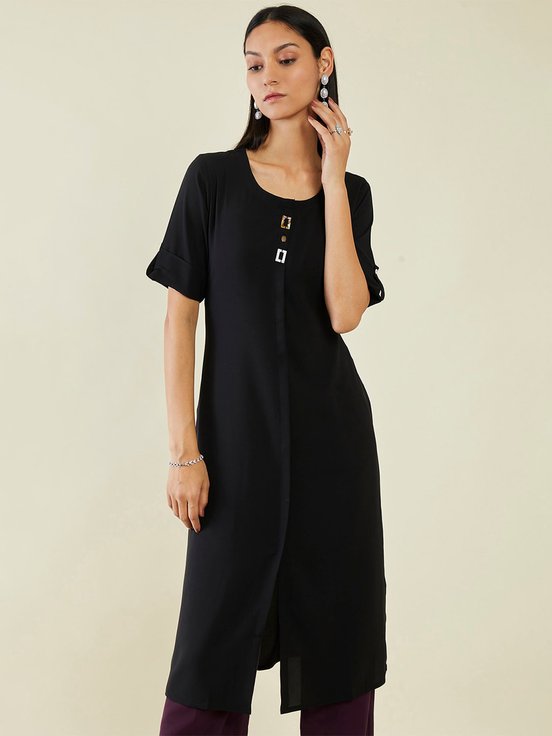 Soch Roll-Up Sleeves Panelled Calf Length Kurta