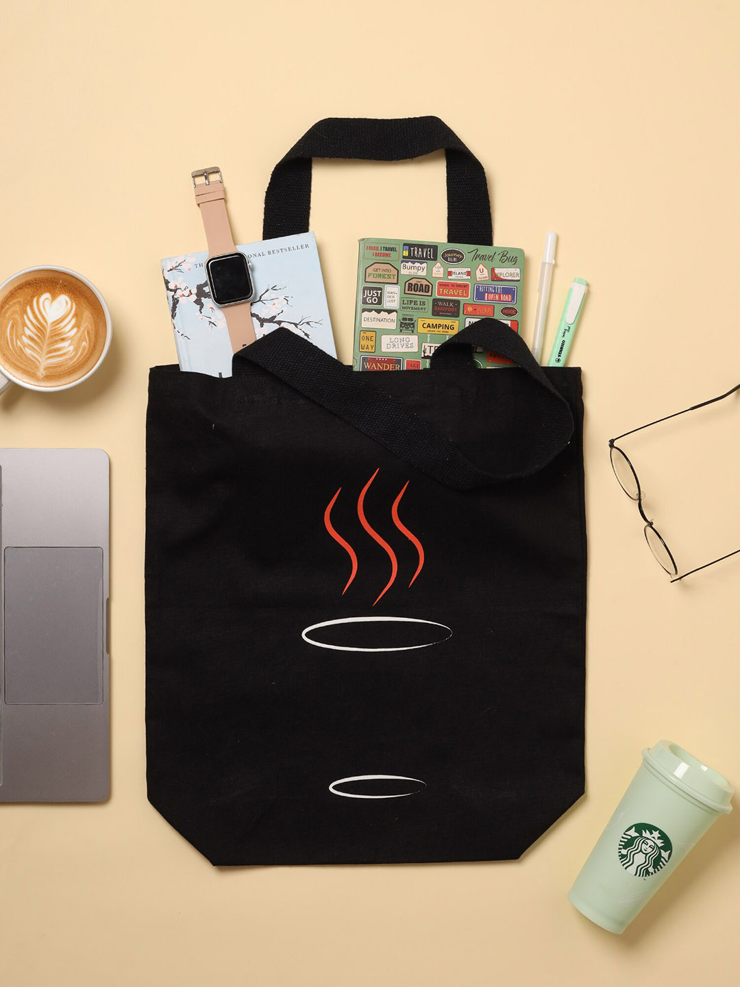 Doodle Eco-Friendly Reusable Cotton Caffine Shot Canvas Zipper Tote Bag