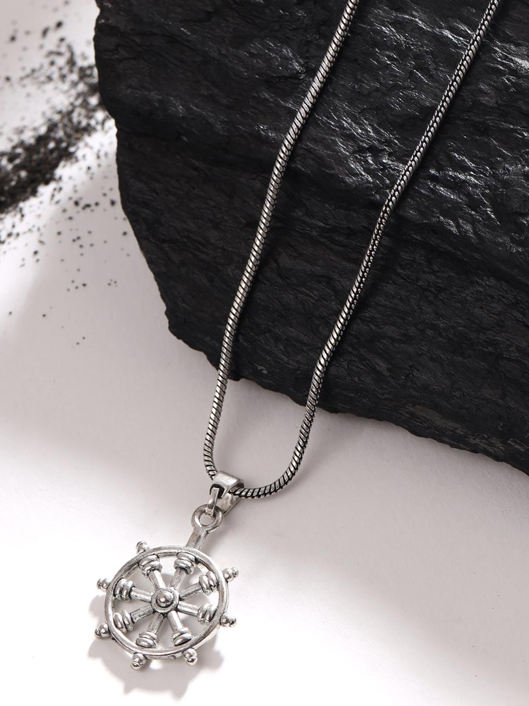 VIRAASI Men Silver Plated Stainless Steel Helm Pendant with Chain Necklace