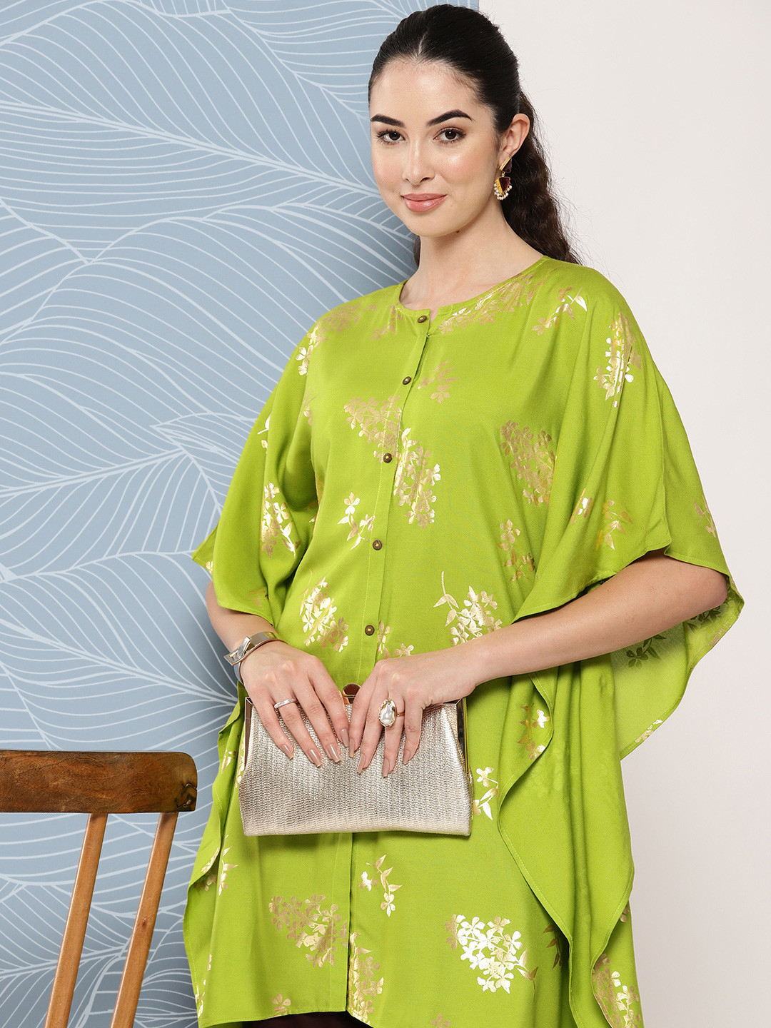 Janasya Floral Foil Printed Kaftan Kurti with Dhoti Pants