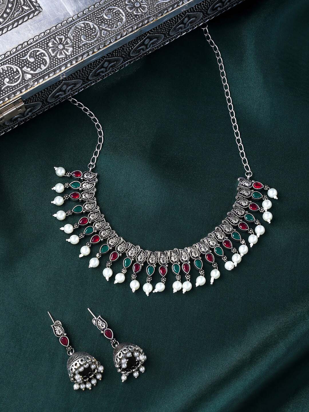 THE AAB STUDIO Oxidised Silver-Plated Stone Studded & Beaded Jewellery Set