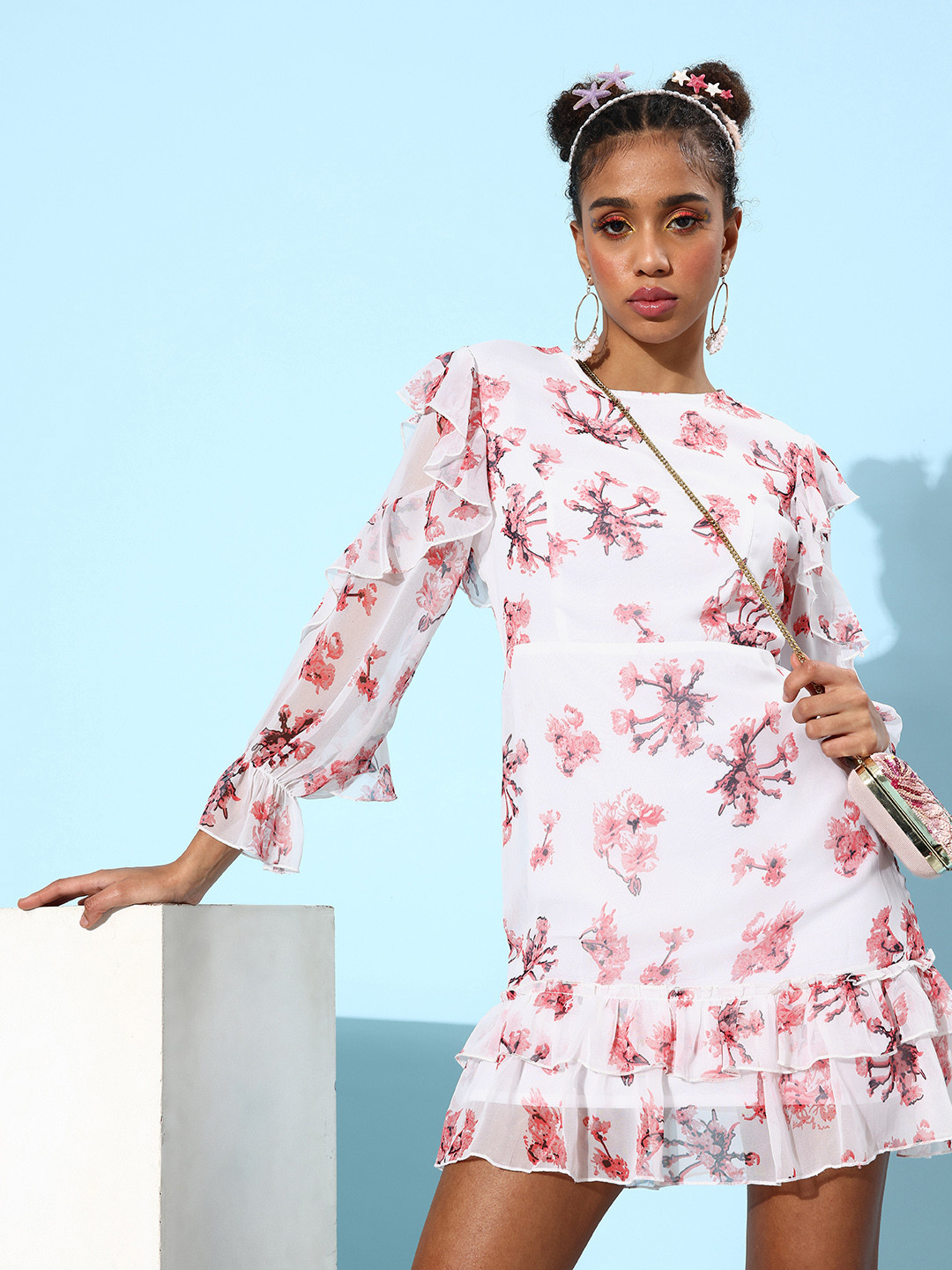 QUIERO Floral Print A-Line Dress With Ruffle Detail