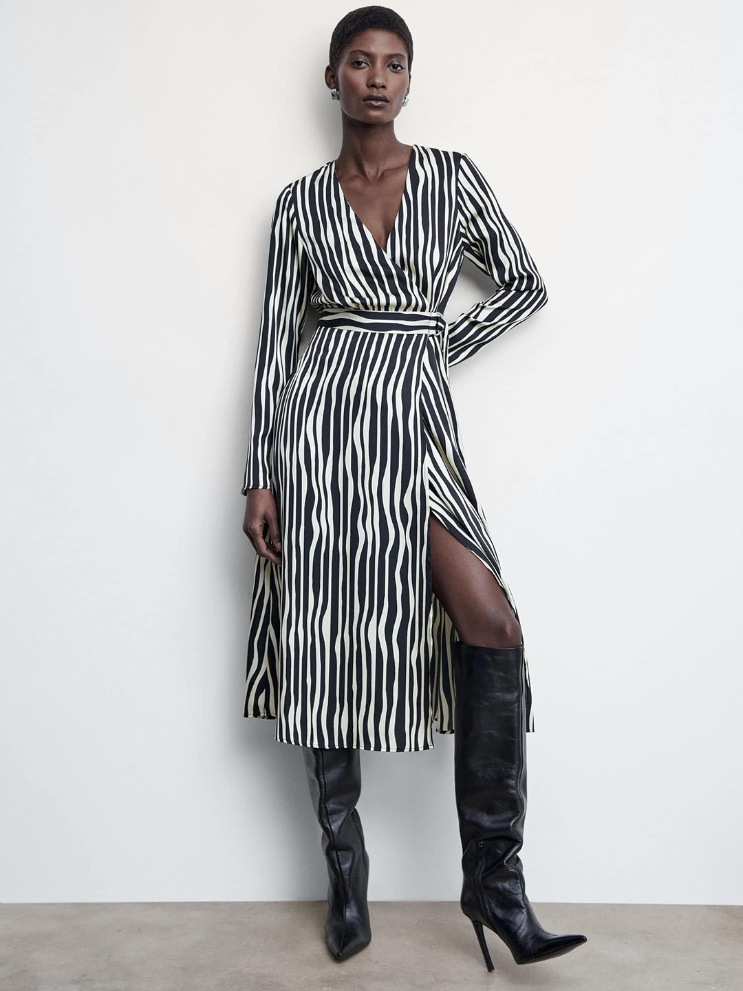 MANGO Striped Satin Wrap Midi Dress