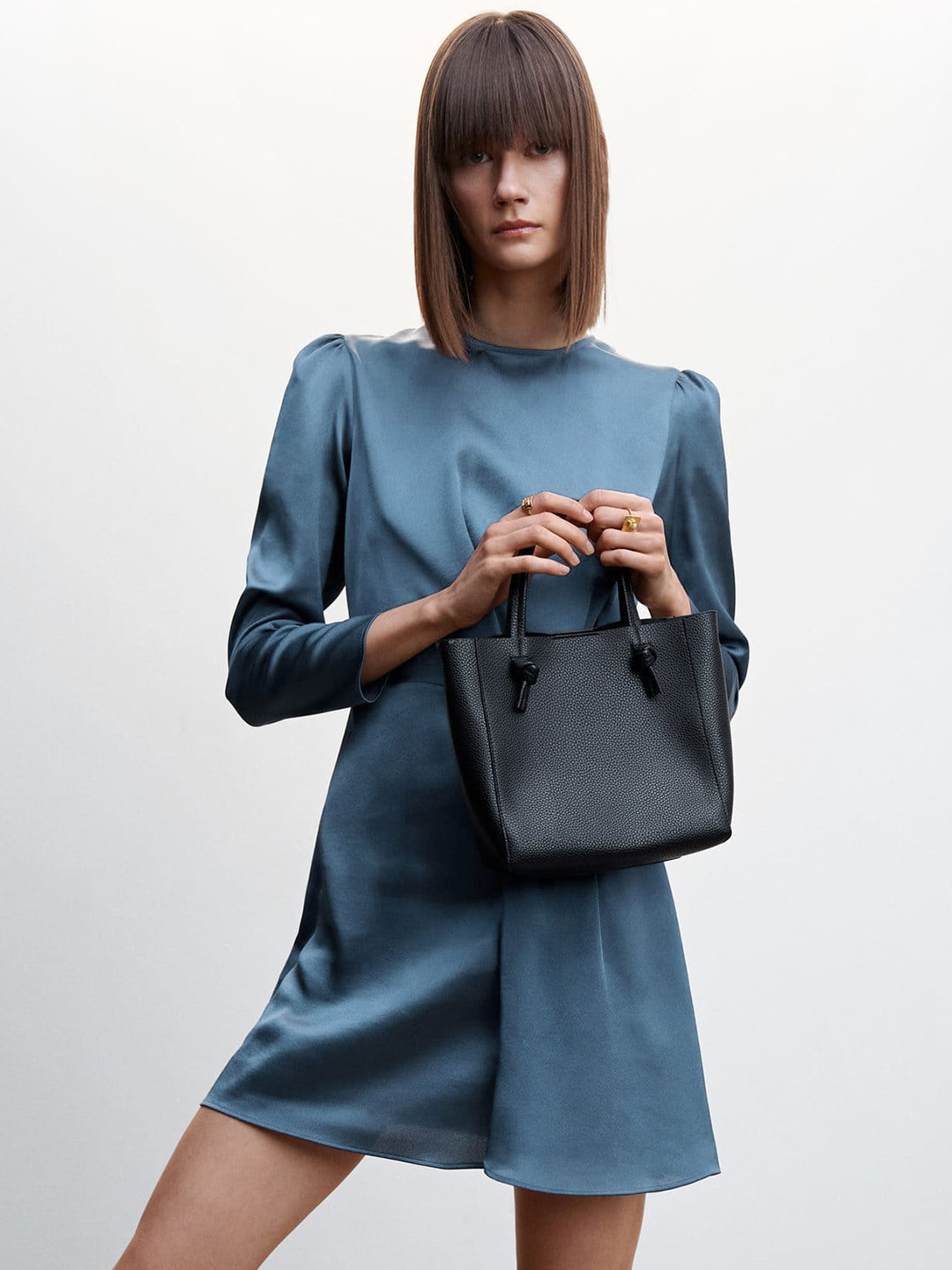 MANGO Pleated Detail A-Line Satin Finish Mini Dress