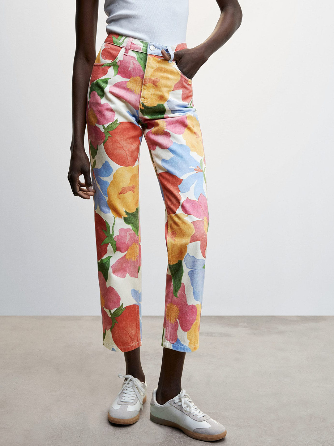 MANGO Women Floral Printed Straight Fit Pure Cotton Cropped Jeans