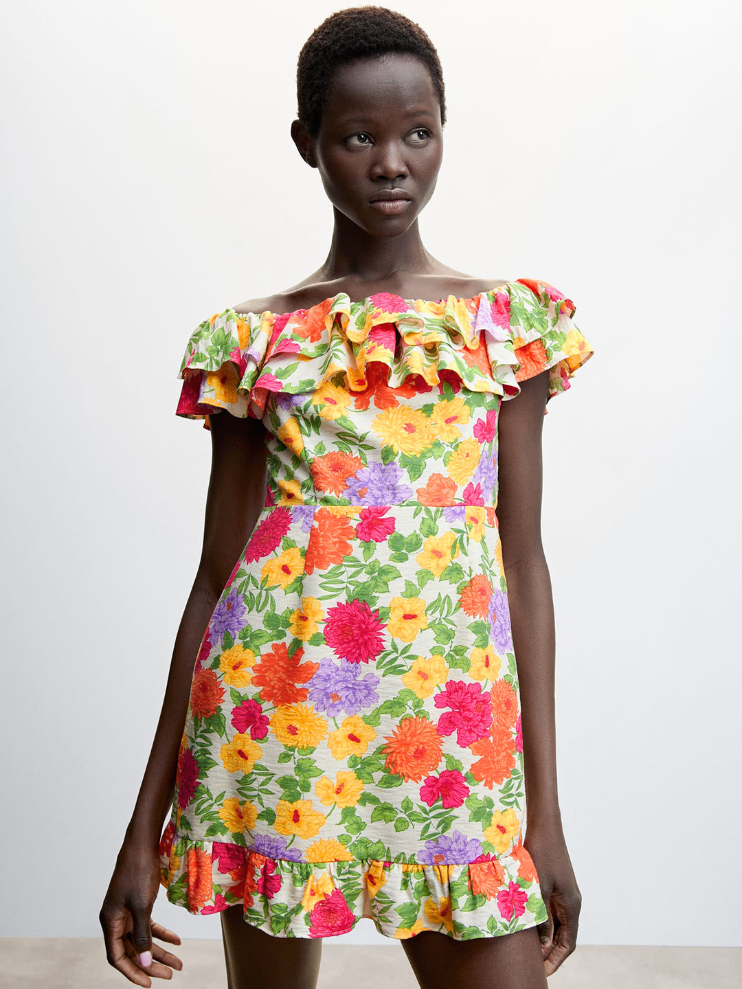 MANGO Floral Printed Off-Shoulder Ruffles Detailed A-Line Mini Dress