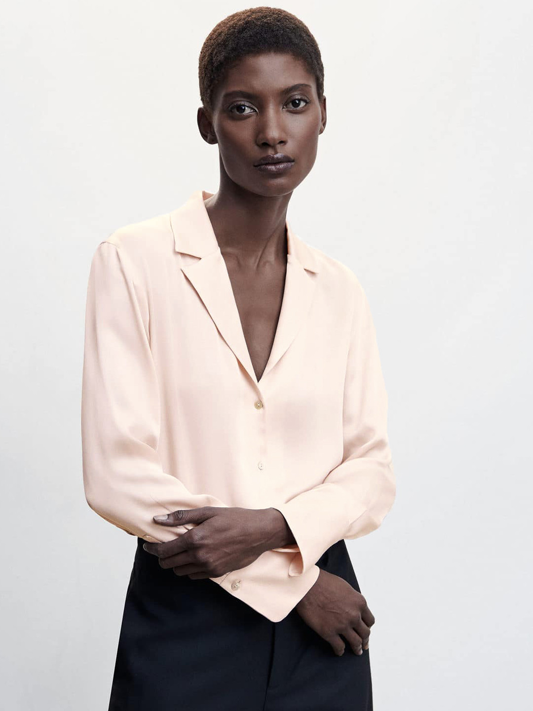 MANGO Lapel Collar Satin Finish Solid Formal Shirt