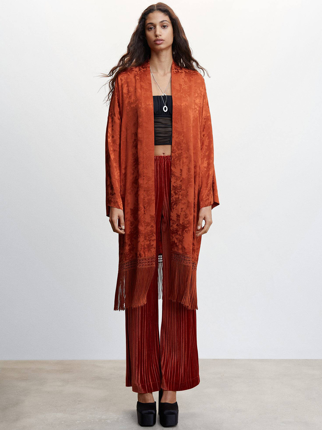 MANGO Woven Design Jacquard Open-Front Longline Sustainable Shrug with Fringed Hem
