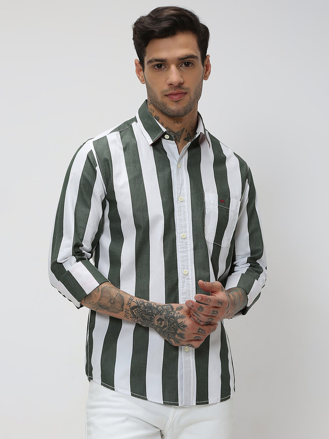 Mufti Trim Pure Cotton Slim Fit Sheer Striped Casual Shirt