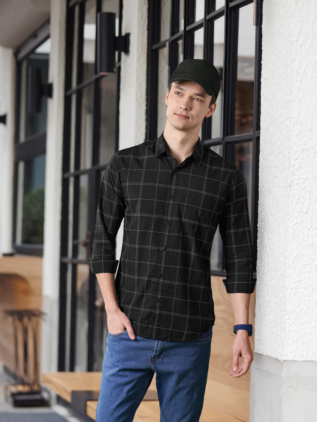 Mufti Men Trim Slim Fit Windowpane Checks Sheer Casual Cotton Shirt