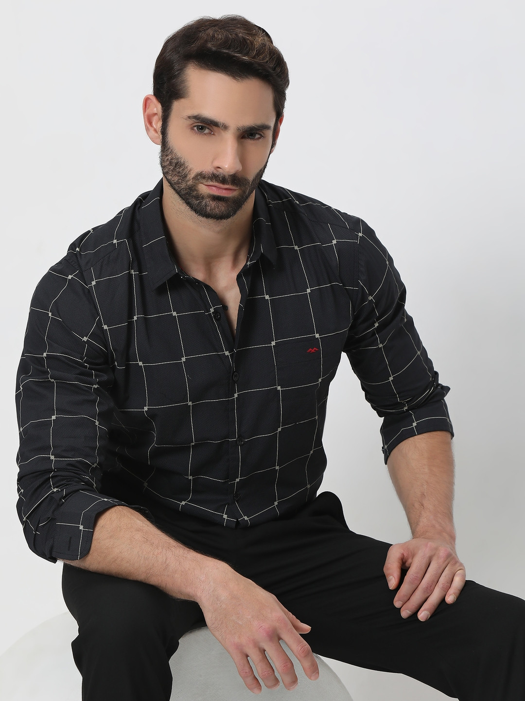 Mufti Windowpane Checked Trim Slim Fit Pure Cotton Casual Shirt