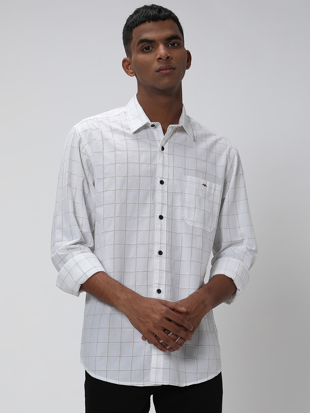 Mufti Grid Tattersall Checked Pure Cotton Slim Fit Sheer Trim Casual Shirt