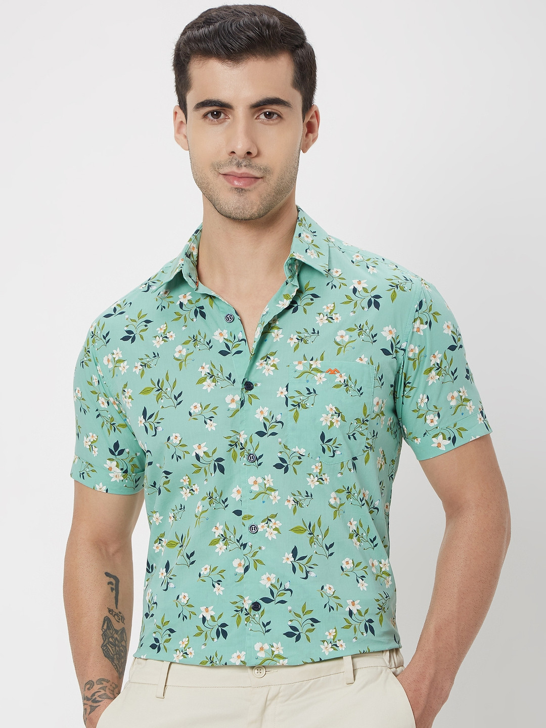 Mufti Floral Printed Trim Slim Fit Casual Pure Cotton Shirt