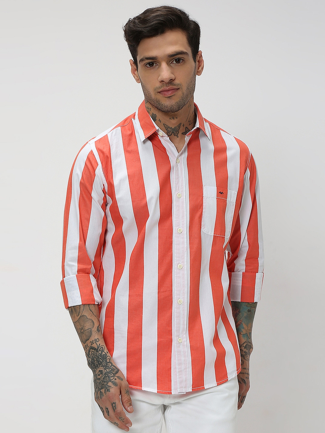 Mufti Pure Cotton Trim Slim Fit Striped Casual Shirt