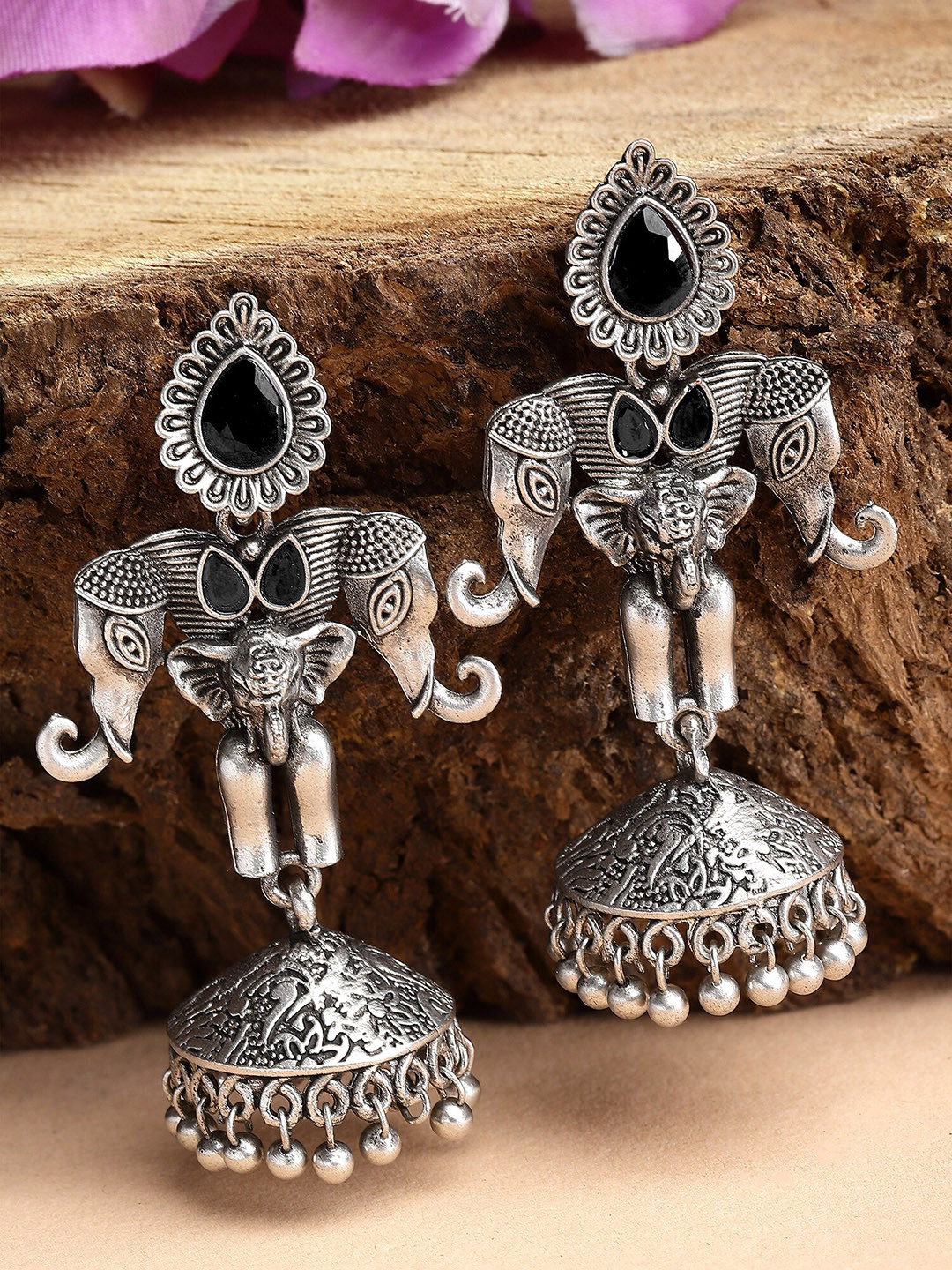 KARATCART Silver Plated Elephant Design Oxidised Contemporary Jhumkas Earrings