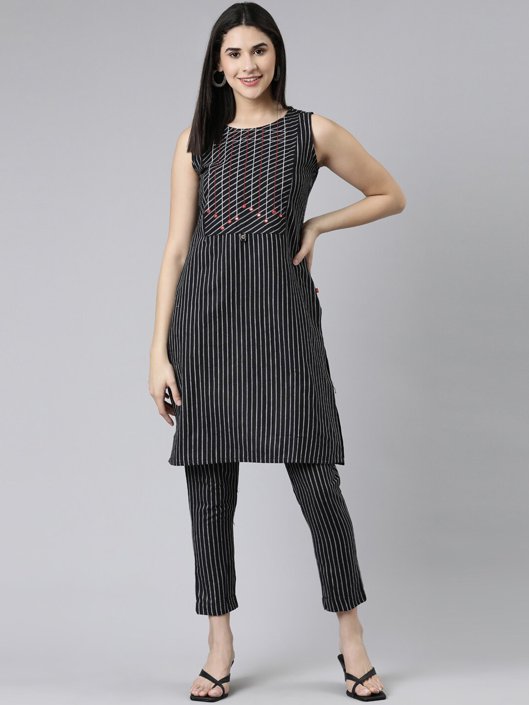 Marcia Striped Mirror Work Pure Cotton Kurta with Trousers