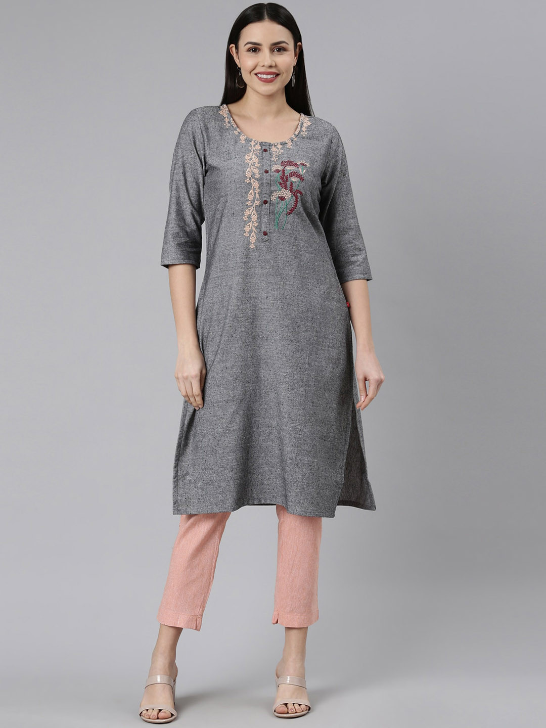 Marcia Embroidered Yoke Design Round Neck Pure Cotton Straight Kurta