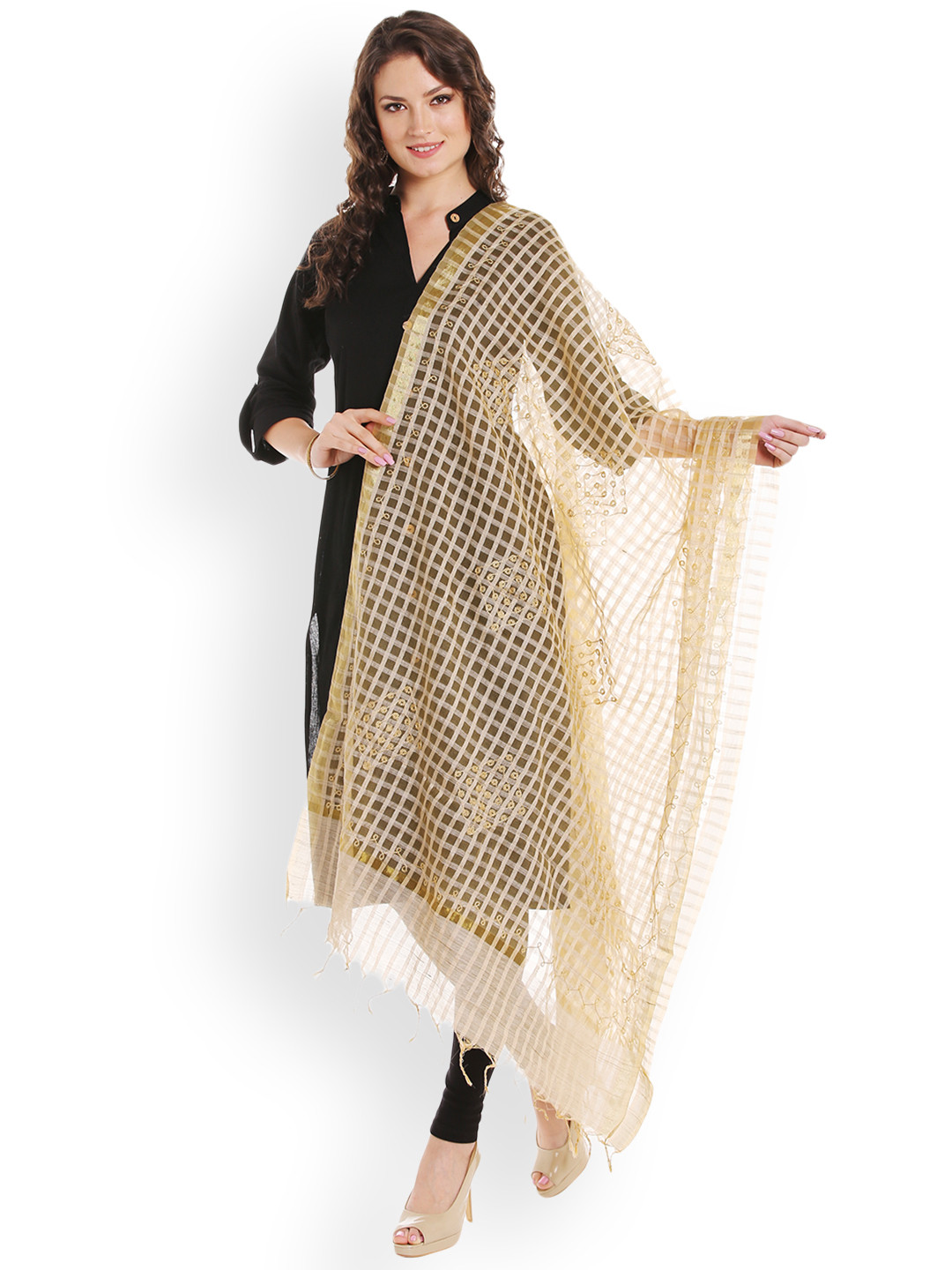 Dupatta Bazaar Beige & Golden Embroidered Cotton Silk Dupatta  .