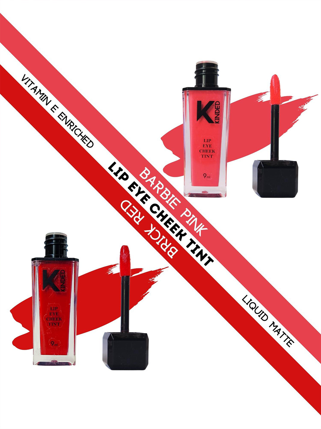 KINDED Set of 2 Lip Eye Cheek Tint with Vitamin E - Barbie Pink 01 & Brick Red 04