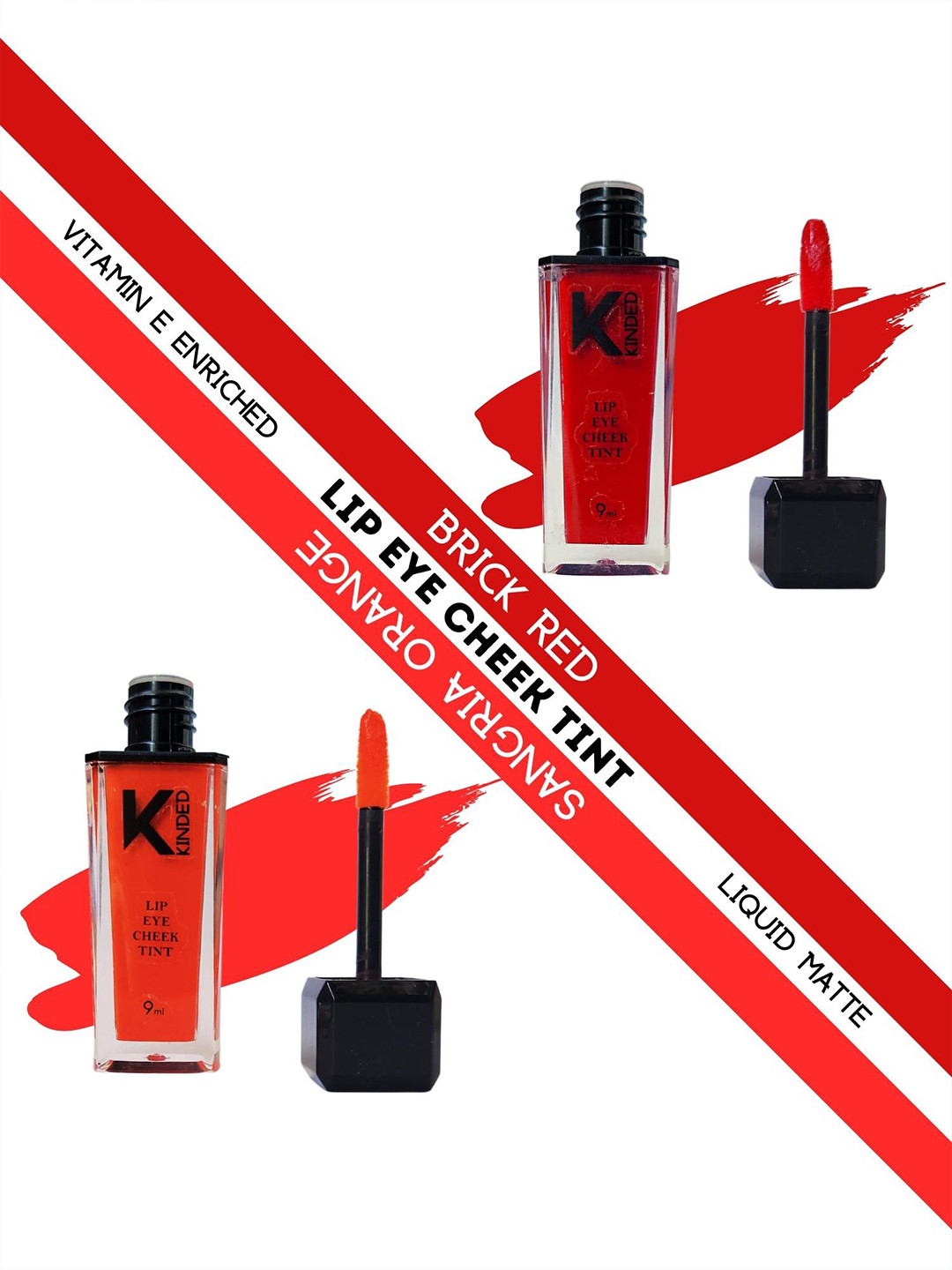 KINDED Set of 2 Lip Eye Cheek Tint with Vitamin E - Brick Red 04 & Sangria Orange 08