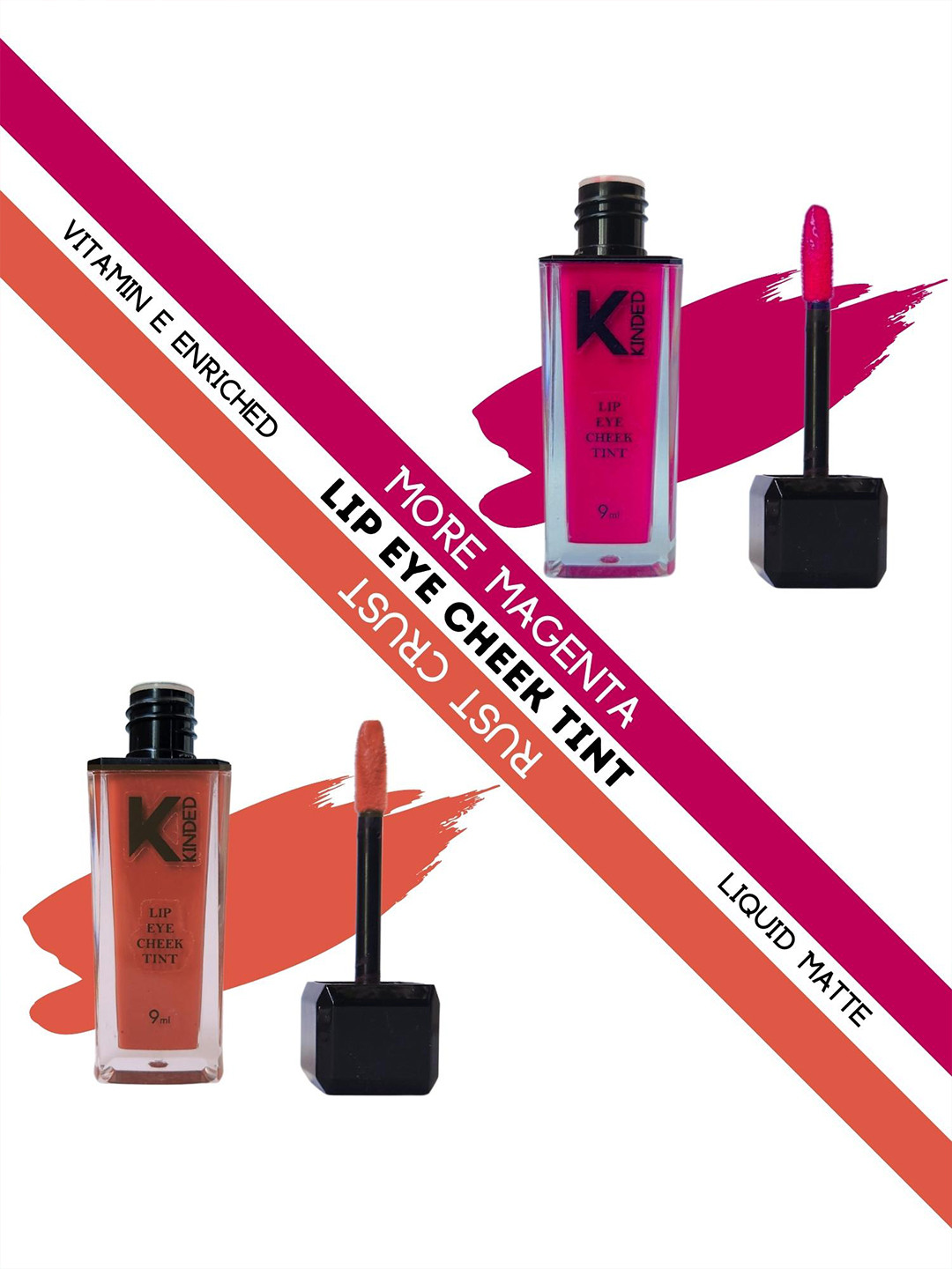 KINDED Set of 2 Lip Eye Cheek Tint with Vitamin E - More Magenta 02 & Rust Crust 05