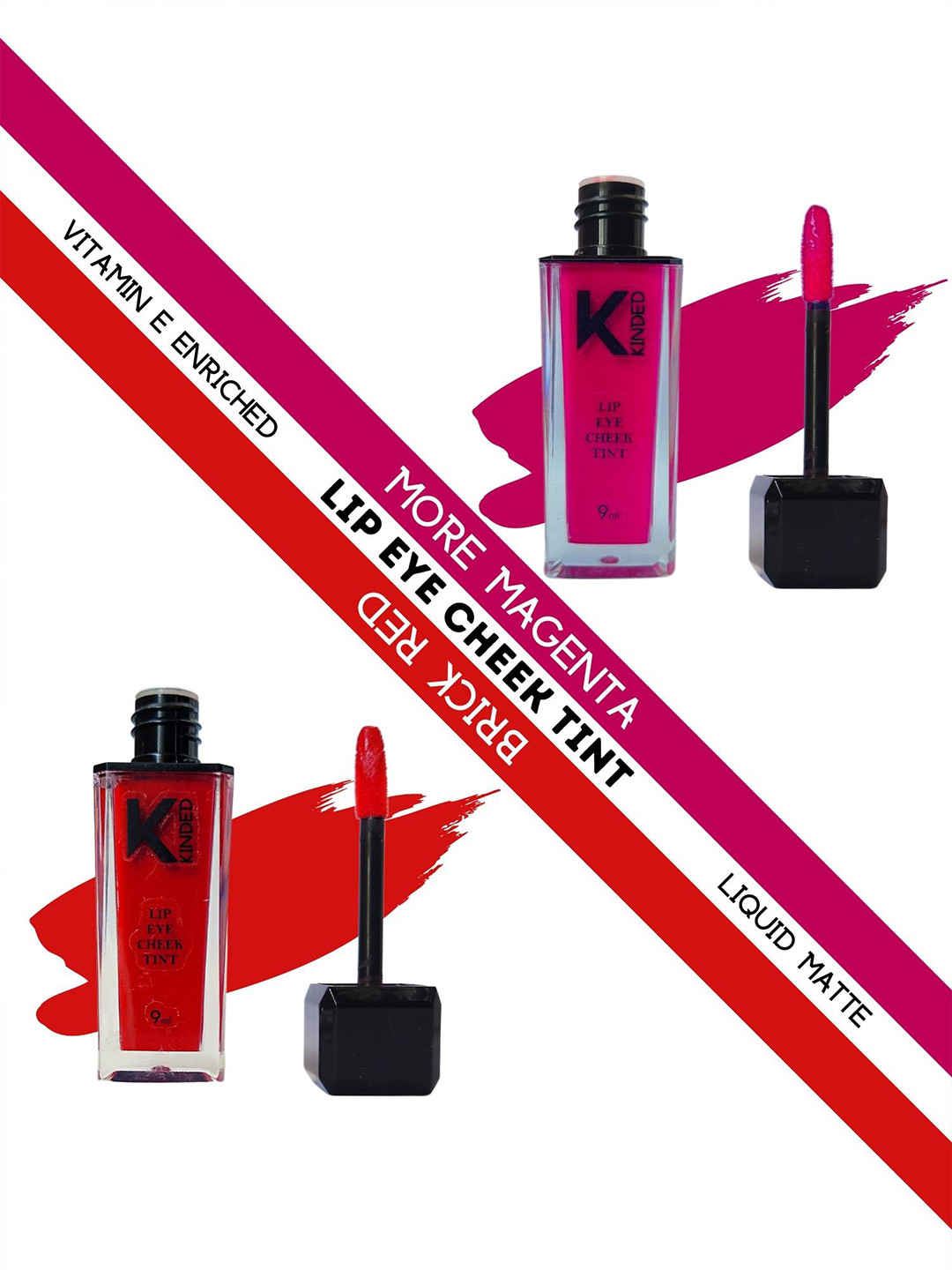 KINDED Set of 2 Lip Eye Cheek Tint with Vitamin E - More Magenta 02 & Brick Red 04