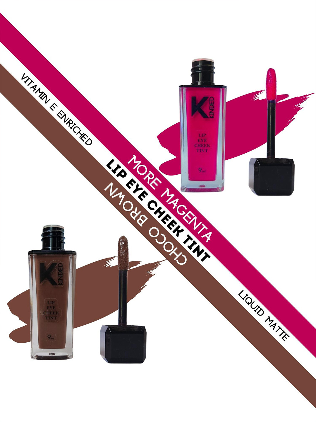 KINDED Set of 2 Lip Eye Cheek Tint with Vitamin E - More Magenta 02 & Choco Brown 07