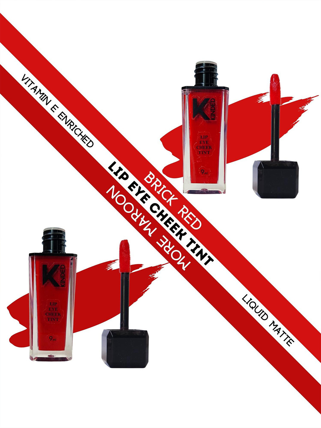 KINDED Set of 2 Matte Lip Eye Cheek Tints with Vitamin E 9 ml Each- Brick Red - More Maroon