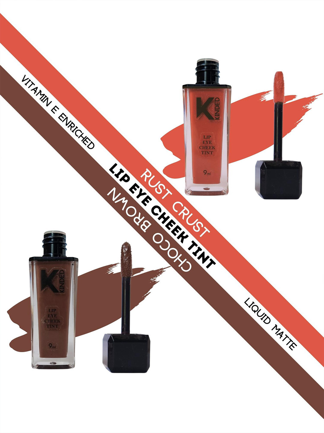 KINDED Set of 2 Matte Lip Eye Cheek Tints with Vitamin E 9 ml Each -Rust Crust - Choco Brown