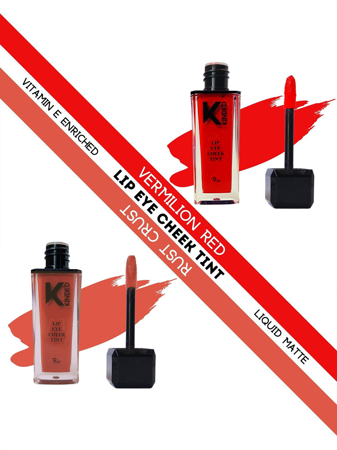 KINDED Set of 2 Matte Lip Eye Cheek Tints with Vitamin E 9 ml Each -Vermilion Red - Rust Crust