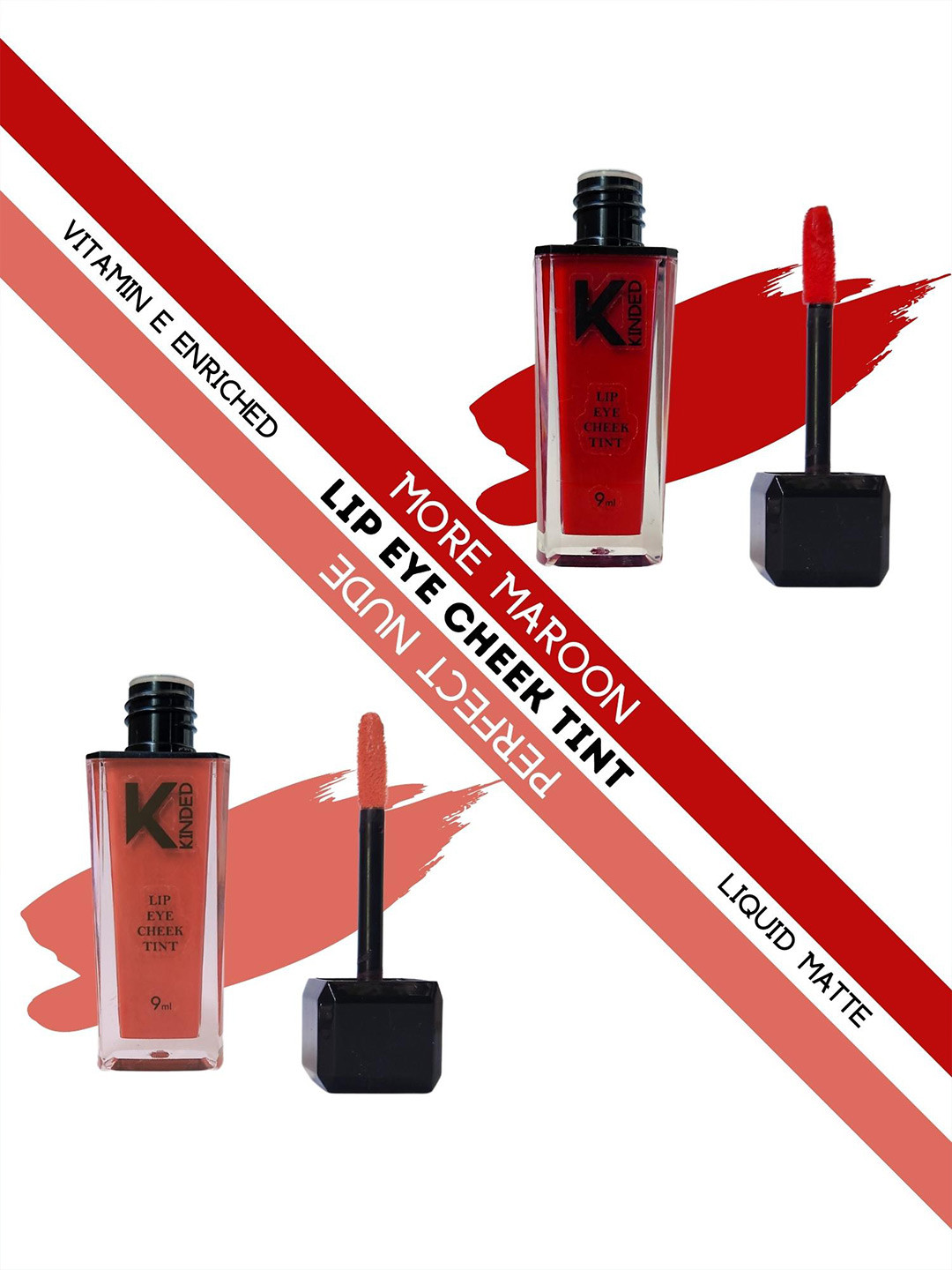 KINDED Set of 2 Matte Lip Eye Cheek Tints with Vitamin E 9 ml Each -More Maroon - Perfect Nude