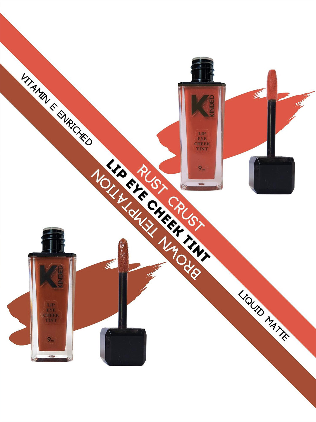 KINDED Set of 2 Matte Lip Eye Cheek Tints with Vitamin E 9 ml Each -Rust Crust - Brown Temptation