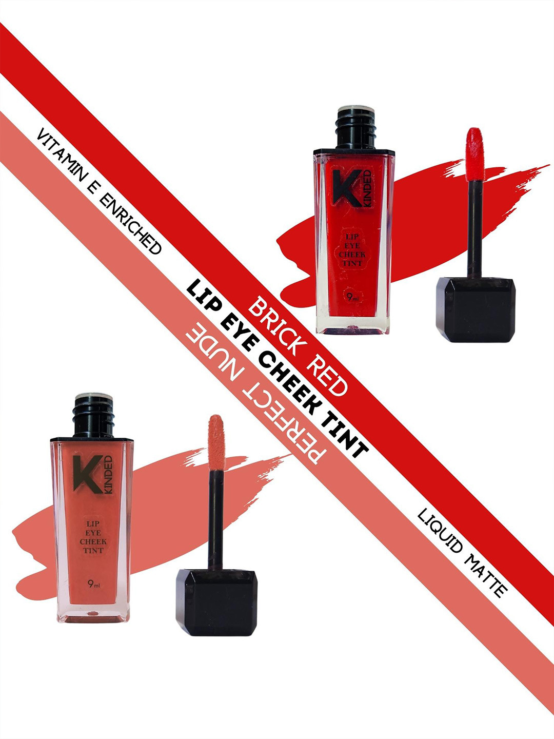 KINDED Set of 2 Matte Lip Eye Cheek Tints with Vitamin E 9 ml Each -Brick Red - Perfect Nude
