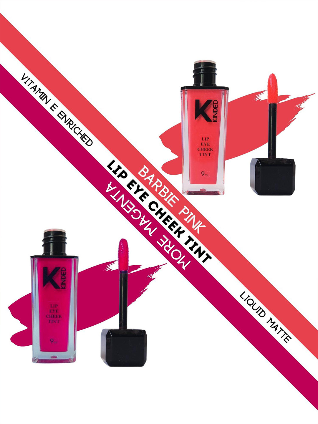 KINDED Set of 2 Lip Eye Cheek Tint with Vitamin E - Barbie Pink 01 & More Magenta 02