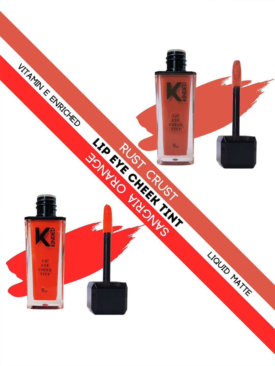 KINDED Set of 2 Matte Lip Eye Cheek Tints with Vitamin E 9 ml Each -Rust Crust - Sangria Orange