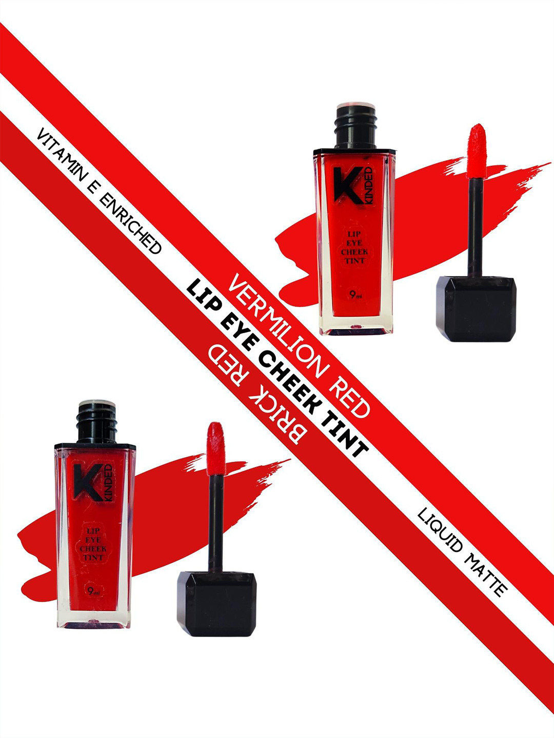 KINDED Set of 2 Lip Eye Cheek Tint with Vitamin E - Vermilion Red 03 & Brick Red 04