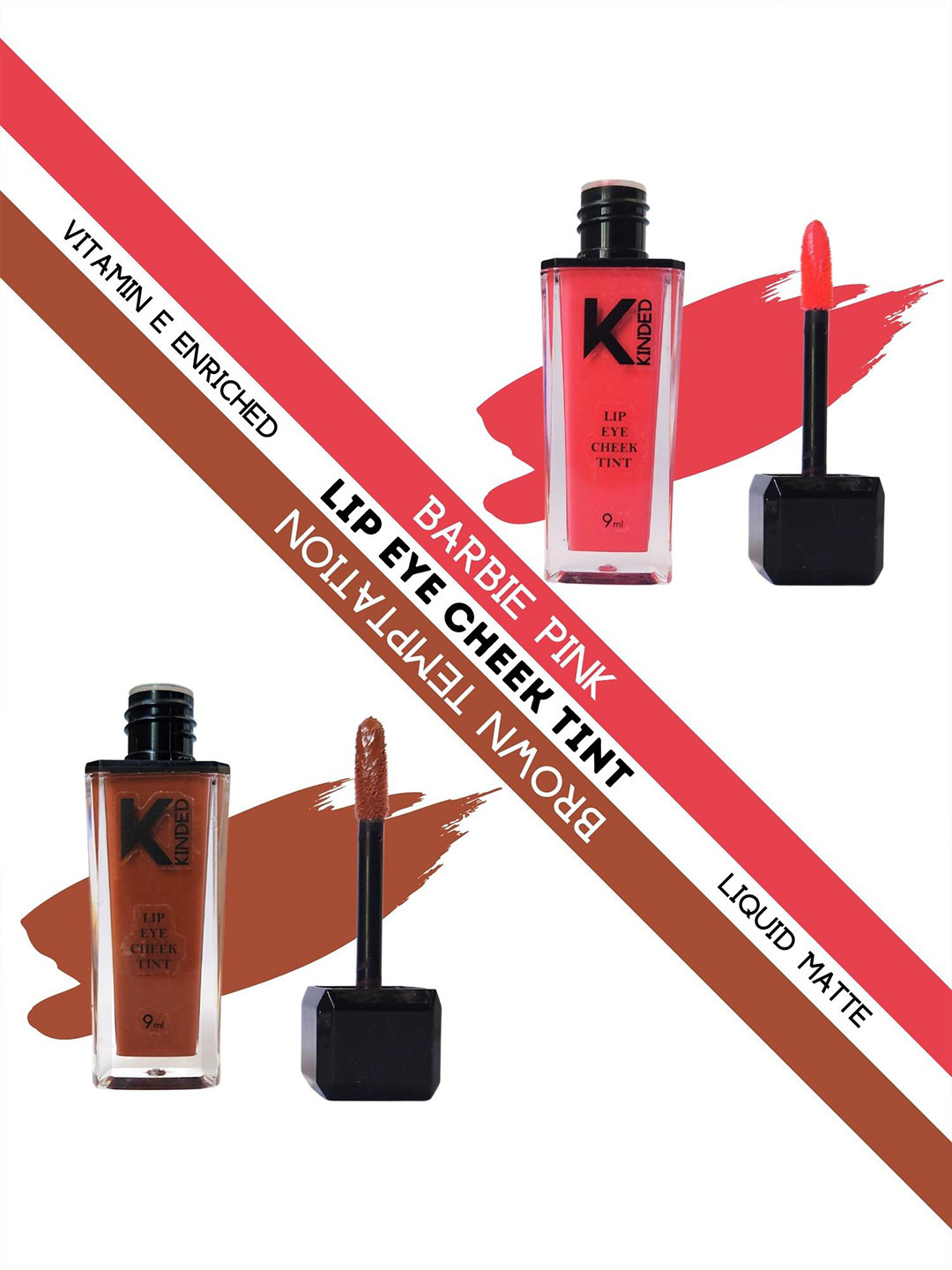 KINDED Set of 2 Matte Lip Eye Cheek Tints with Vitamin E 9 ml Each -Barbie Pink - Brown Temptation