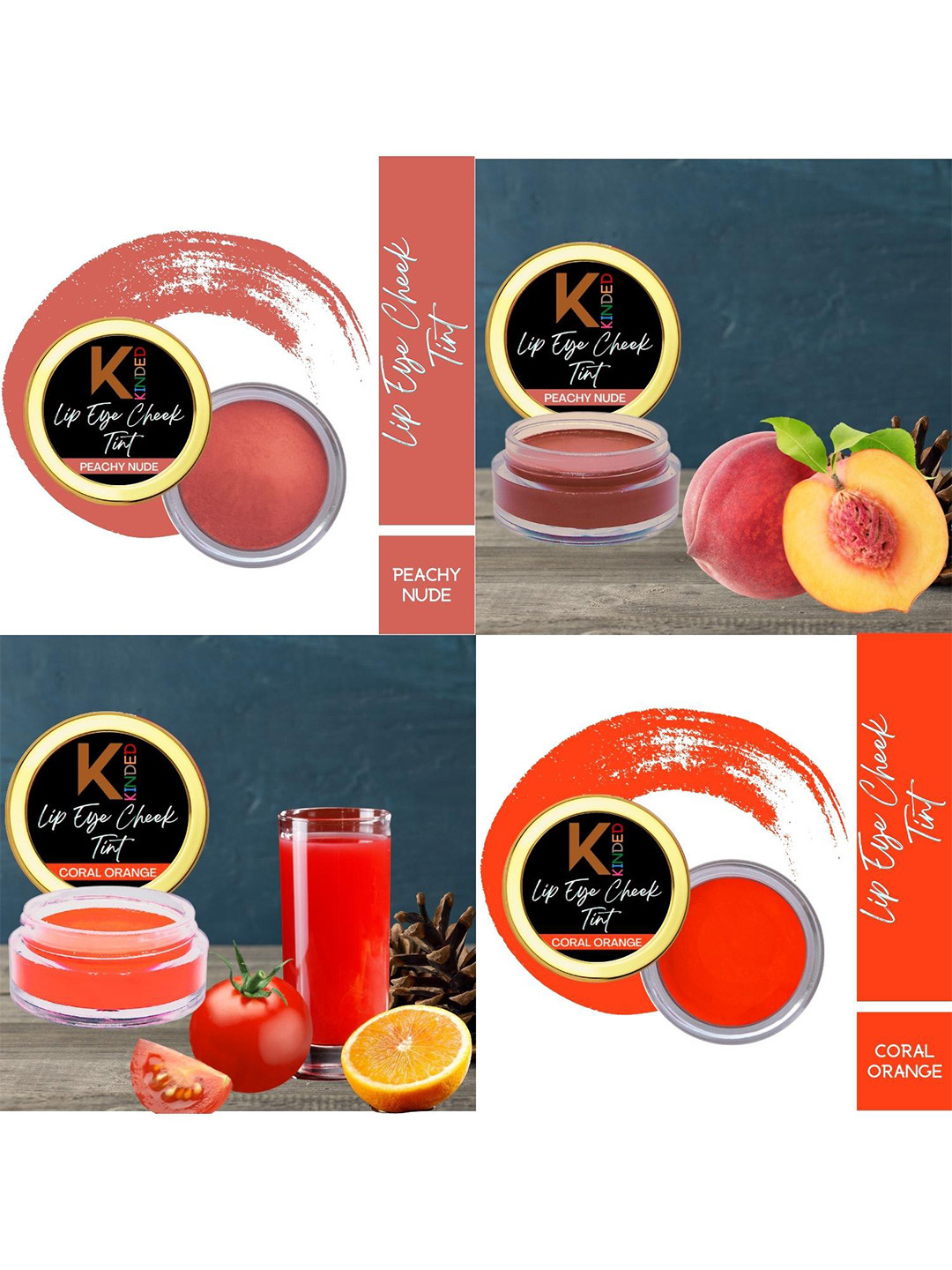 KINDED Set of 4 Lip Eye Cheek Tints 8 g Each- Retro Red-Coral Orange-Beetroot-Peachy Nude