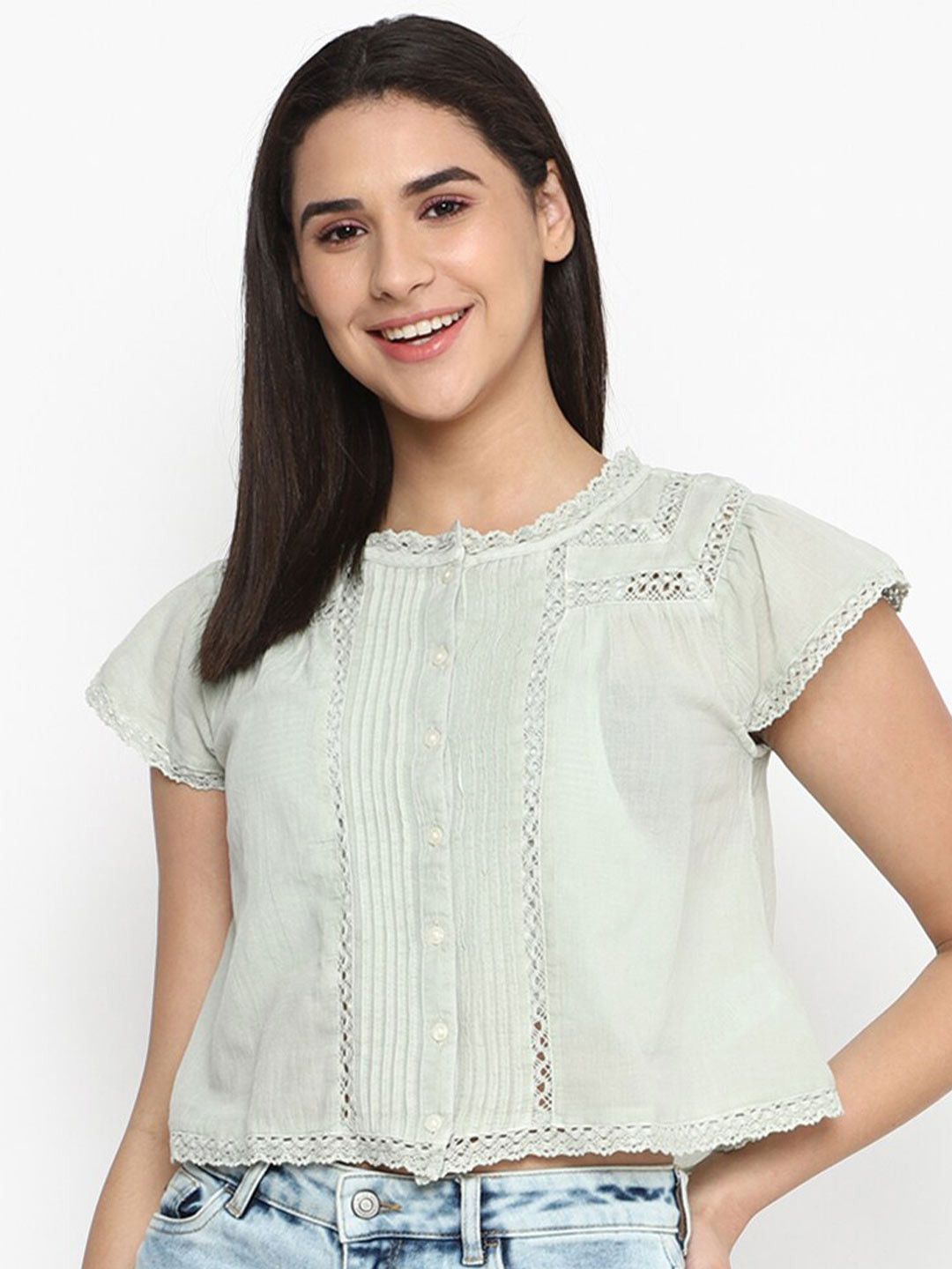 AMERICAN EAGLE OUTFITTERS Round Neck Lace Inserts Pure Cotton Crop Top