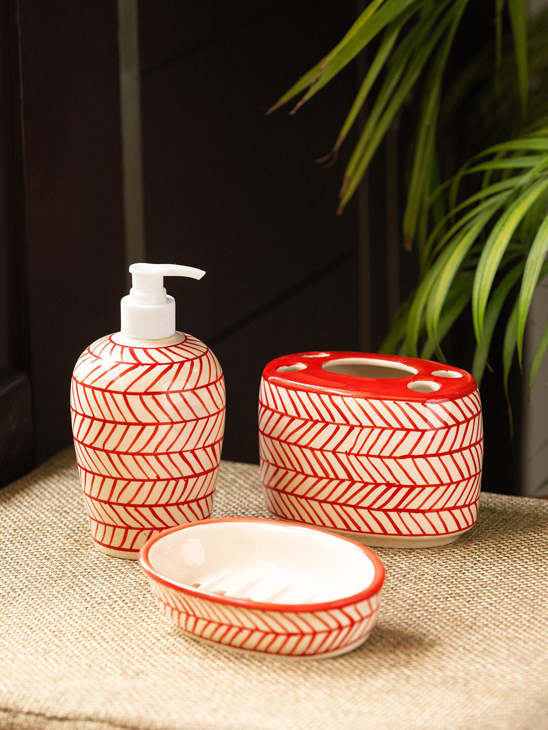 ExclusiveLane Red Chevrons Red & Beige 3-Pcs Printed Ceramic Bathroom Accessories