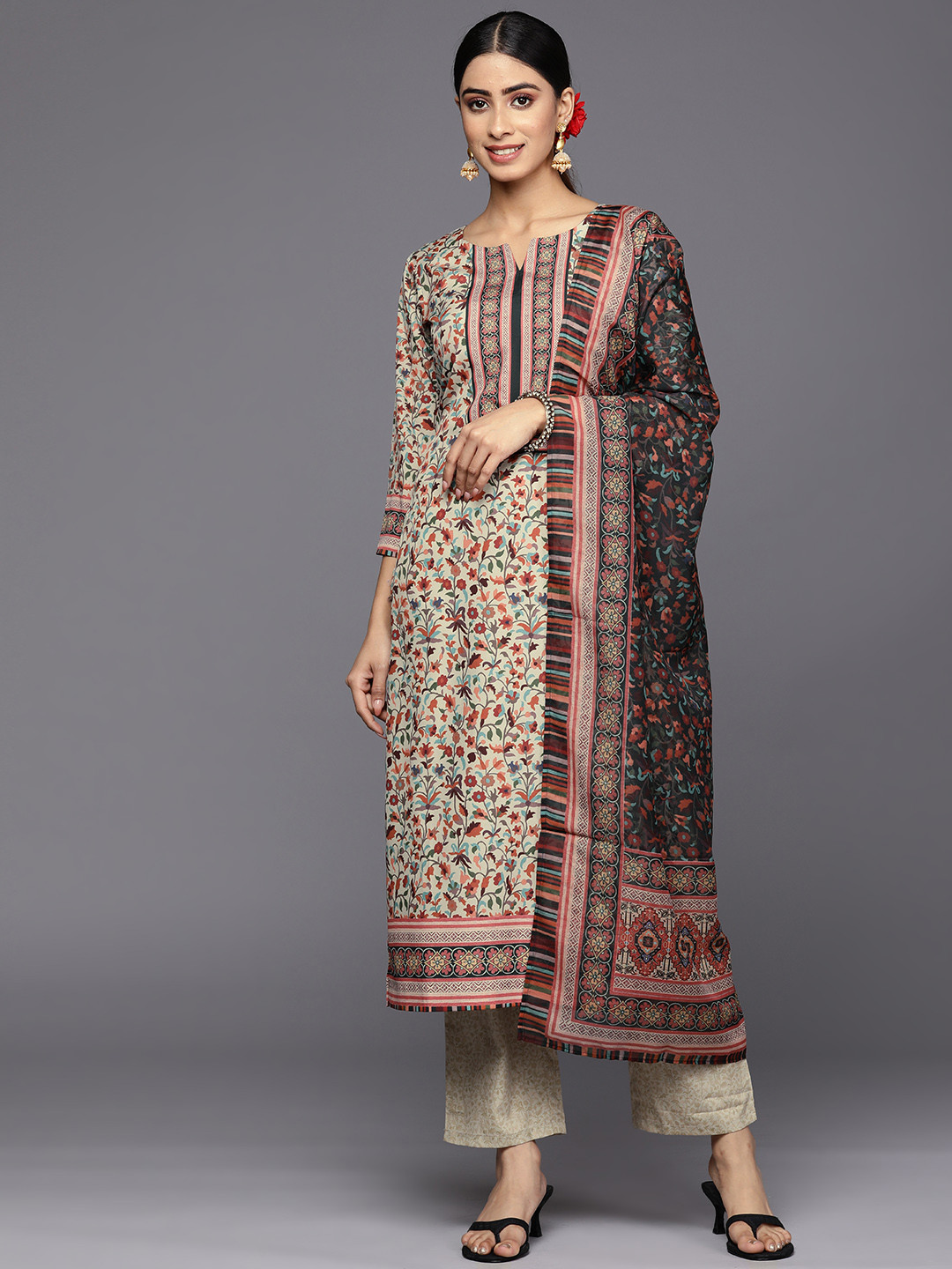Libas Women Tan Floral Printed Kurta with Trousers & With Dupatta