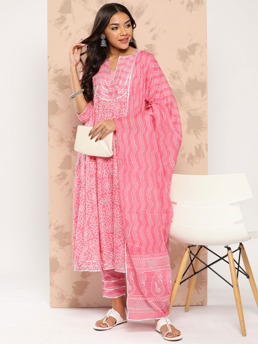 Libas Womens Peach Yoke Design Cotton Anarkali Kurta With Trousers & Dupatta