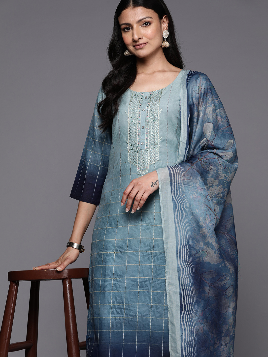 Libas Women Blue Floral Embroidered Thread Work Kurta with Trousers & With Dupatta