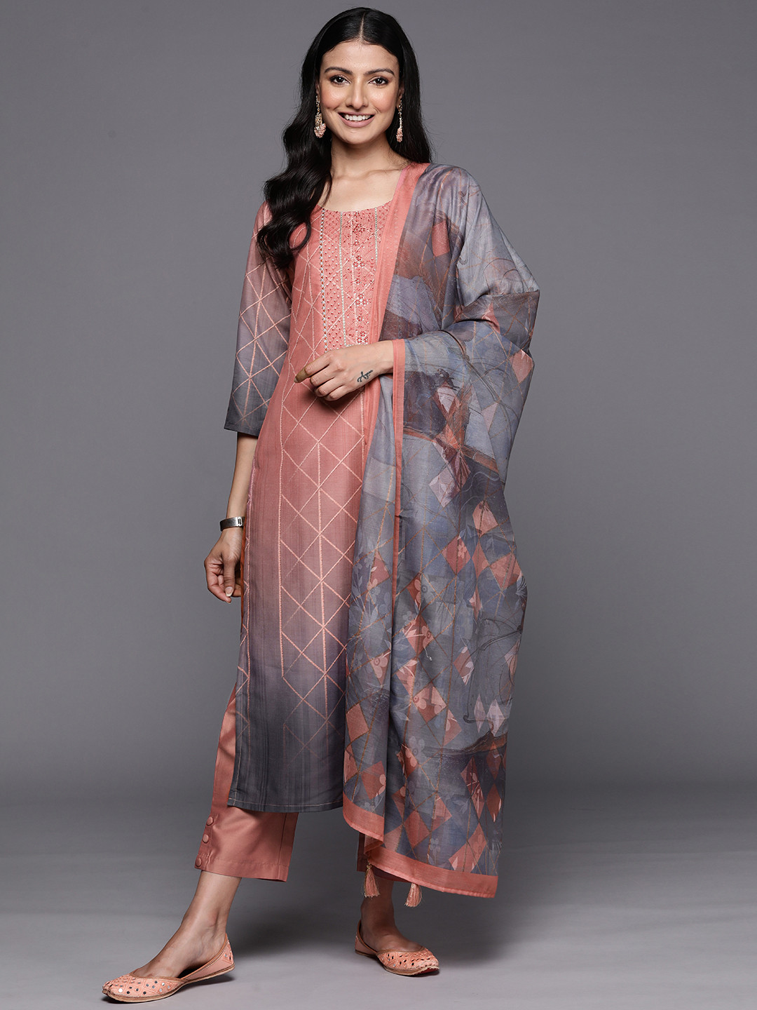Libas Women Peach-Coloured Floral Yoke Design Thread Work Kurta with Trousers & With Dupatta