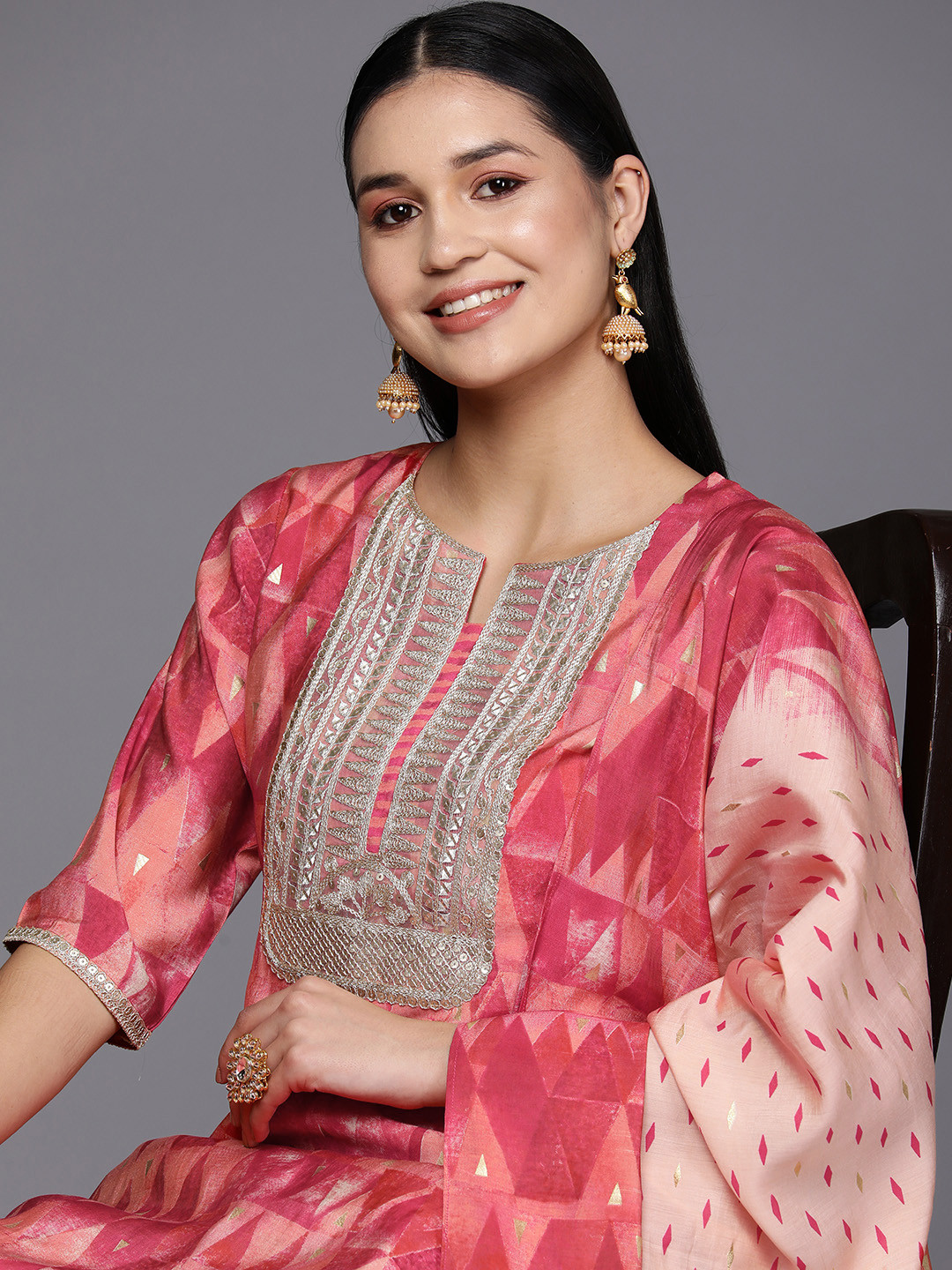 Libas Women Coral Yoke Design Kurta with Trousers & With Dupatta