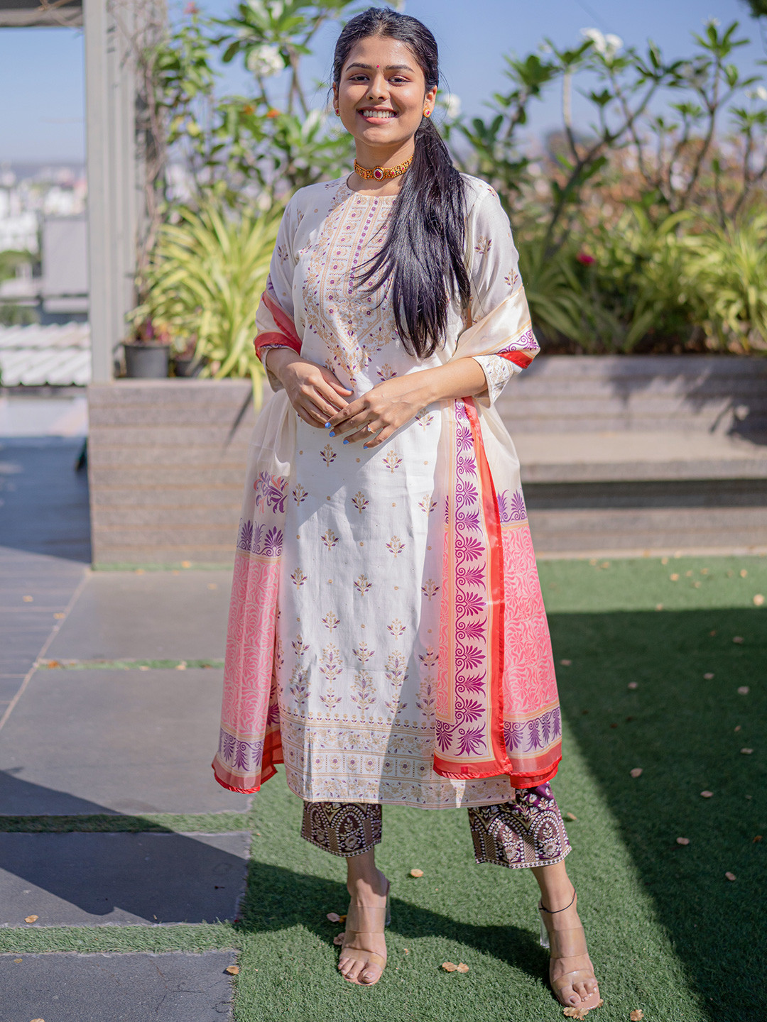 Gerua By Libas Women Cream-Coloured Floral Printed Chanderi Silk Kurta with Trousers & With Dupatta