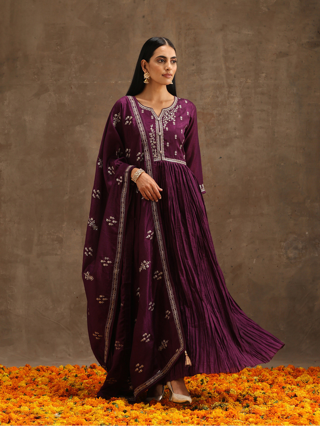 Libas Womens Purple Embroidered Anarkali Kurta With Trousers & Dupatta