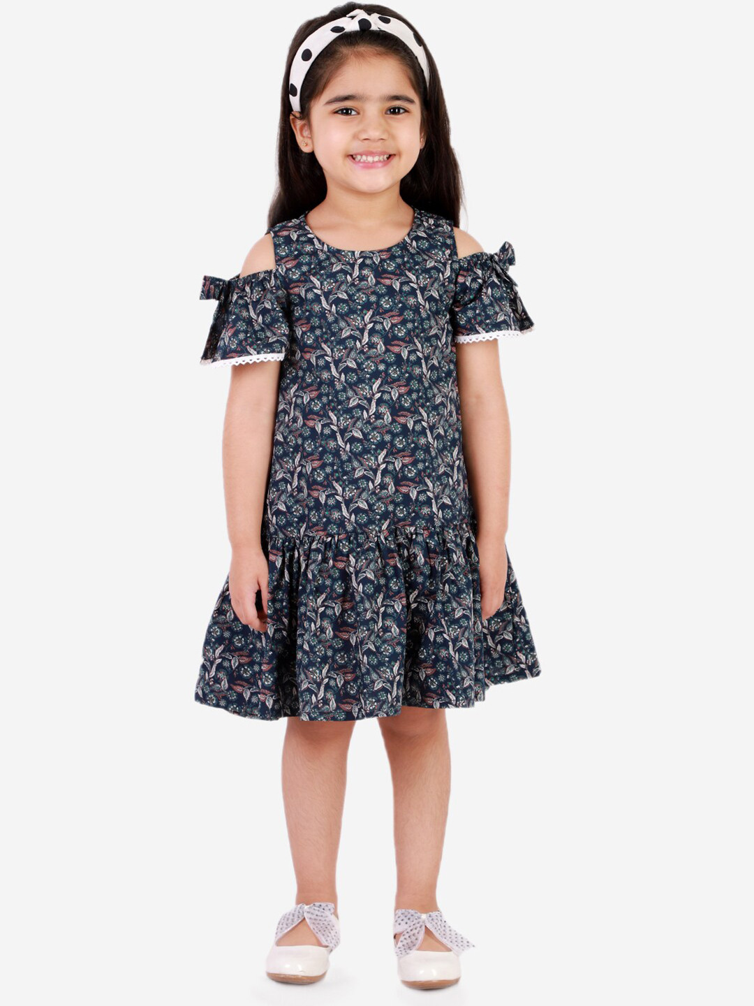 LIL DRAMA Girls Floral Printed Cold-Shoulder Sleeves Drop-Waist Dress